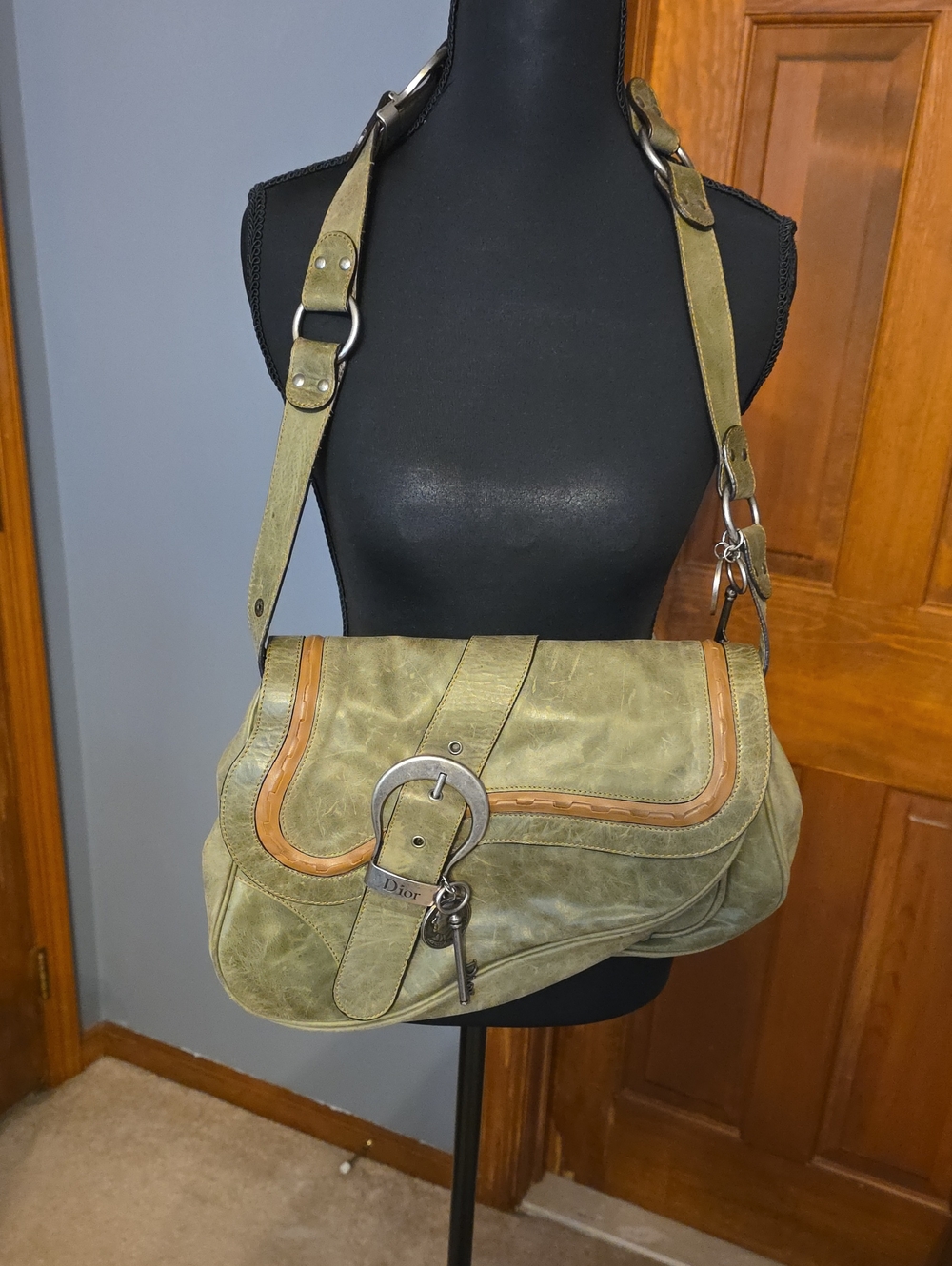 Christian Dior Gaucho Double Saddle Bag Green & Brown Leather